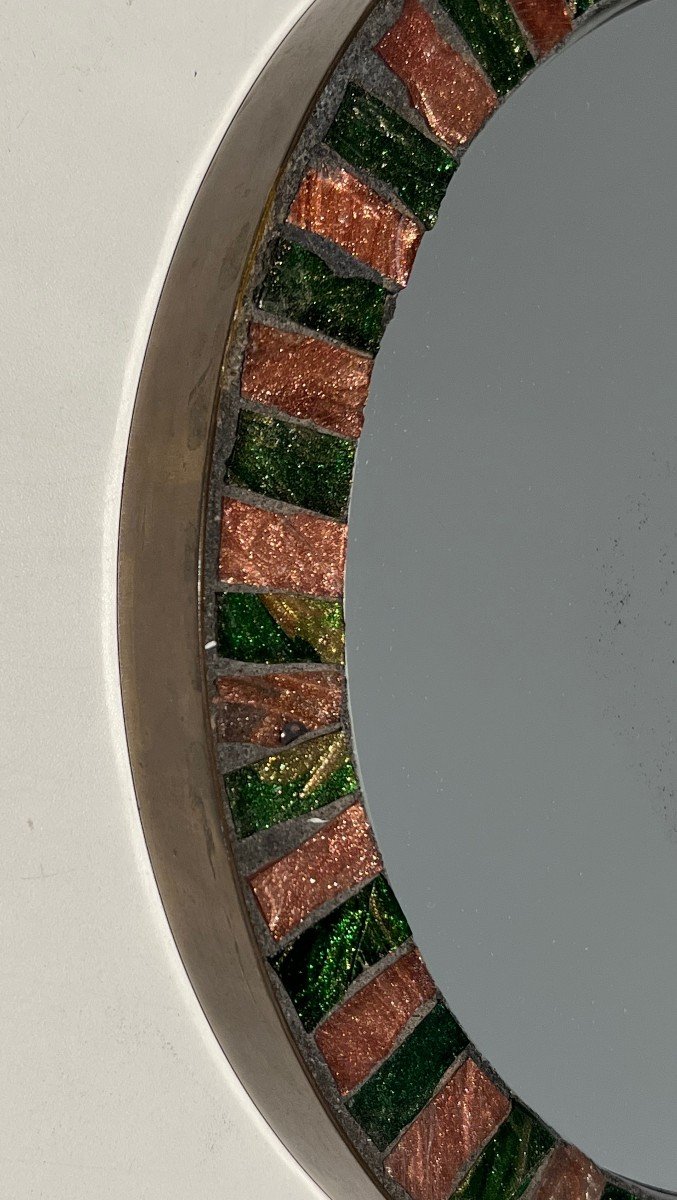 Round Glazed Ceramic Mirror Surrounded By A Brass Band. French Work. Circa 1950-photo-3