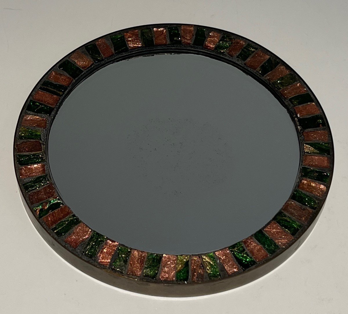Round Glazed Ceramic Mirror Surrounded By A Brass Band. French Work. Circa 1950-photo-7