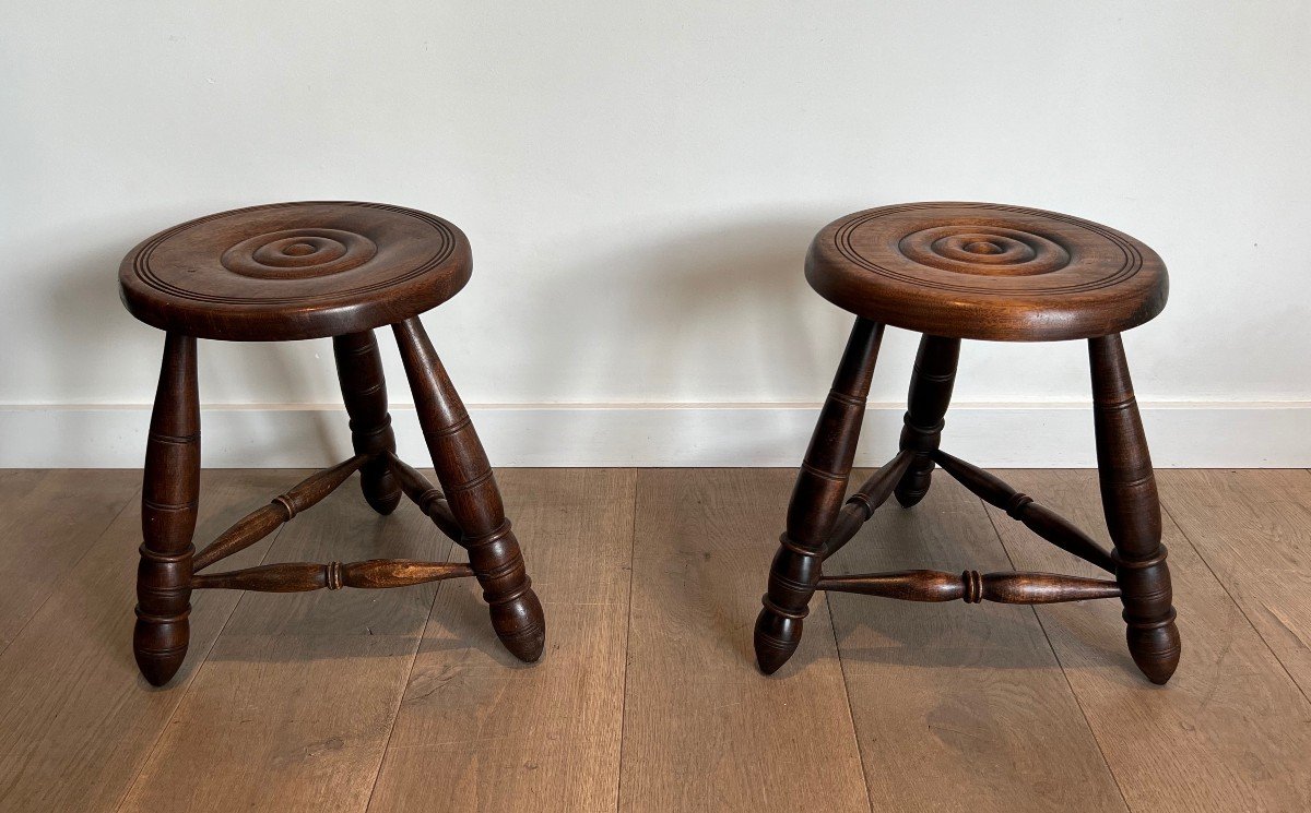 Pair Of Turned Wood Stools. French Work Attributed To Charles Dudouyt. Circa 1950-photo-2
