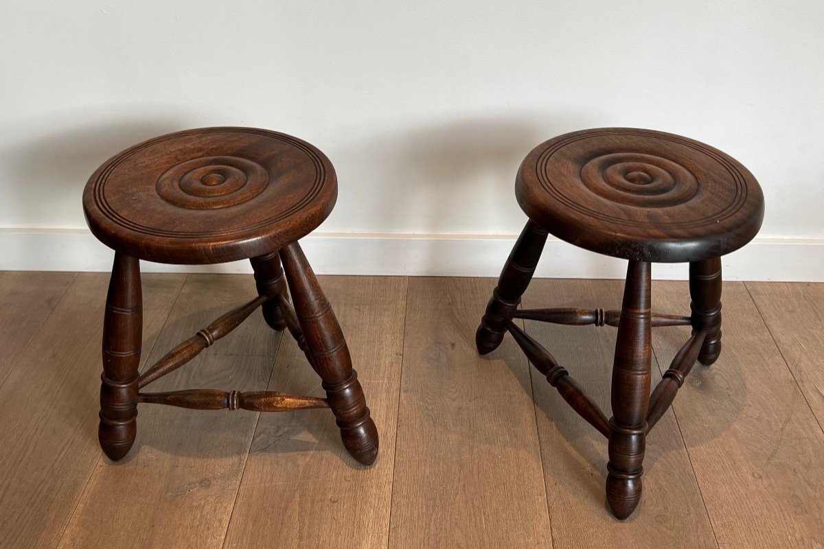 Pair Of Turned Wood Stools. French Work Attributed To Charles Dudouyt. Circa 1950-photo-3