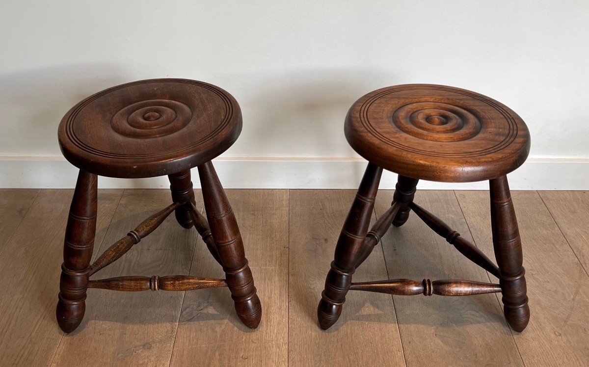 Pair Of Turned Wood Stools. French Work Attributed To Charles Dudouyt. Circa 1950-photo-7