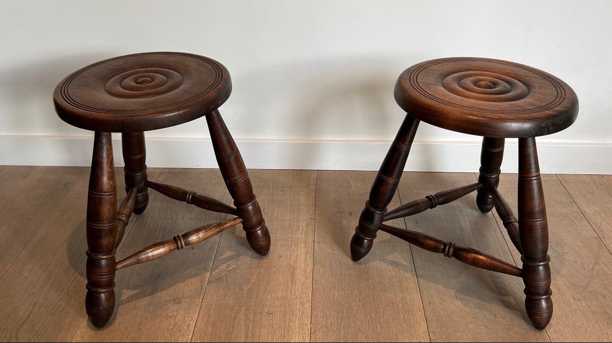 Pair Of Turned Wood Stools. French Work Attributed To Charles Dudouyt. Circa 1950-photo-8