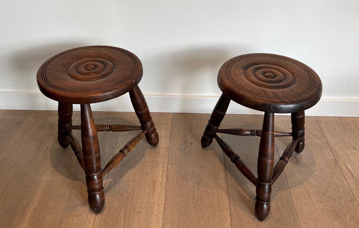 Pair Of Turned Wood Stools. French Work Attributed To Charles Dudouyt. Circa 1950
