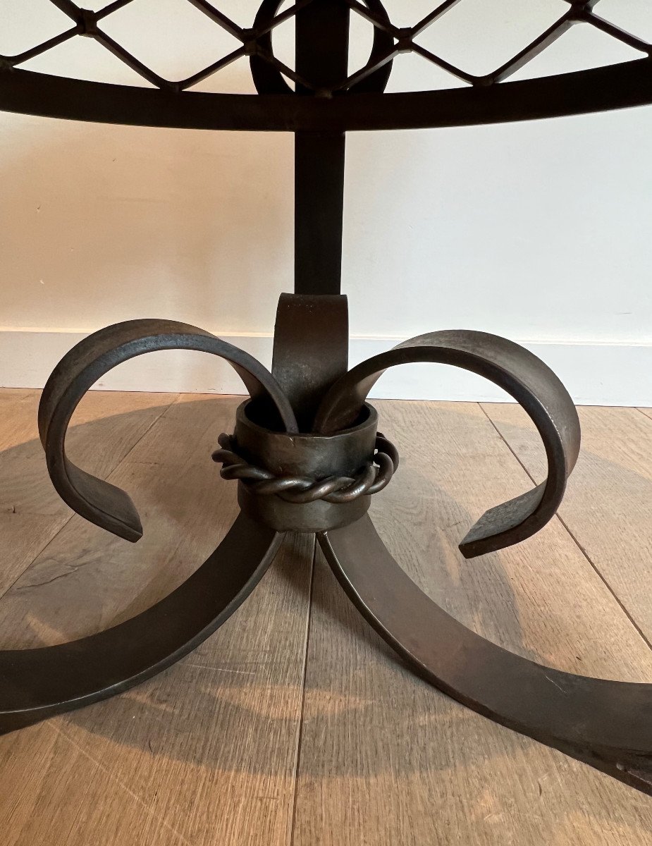 Wrought And Hammered Iron Art Deco Gueridon With Thick Round White Marble Top. French Work-photo-7