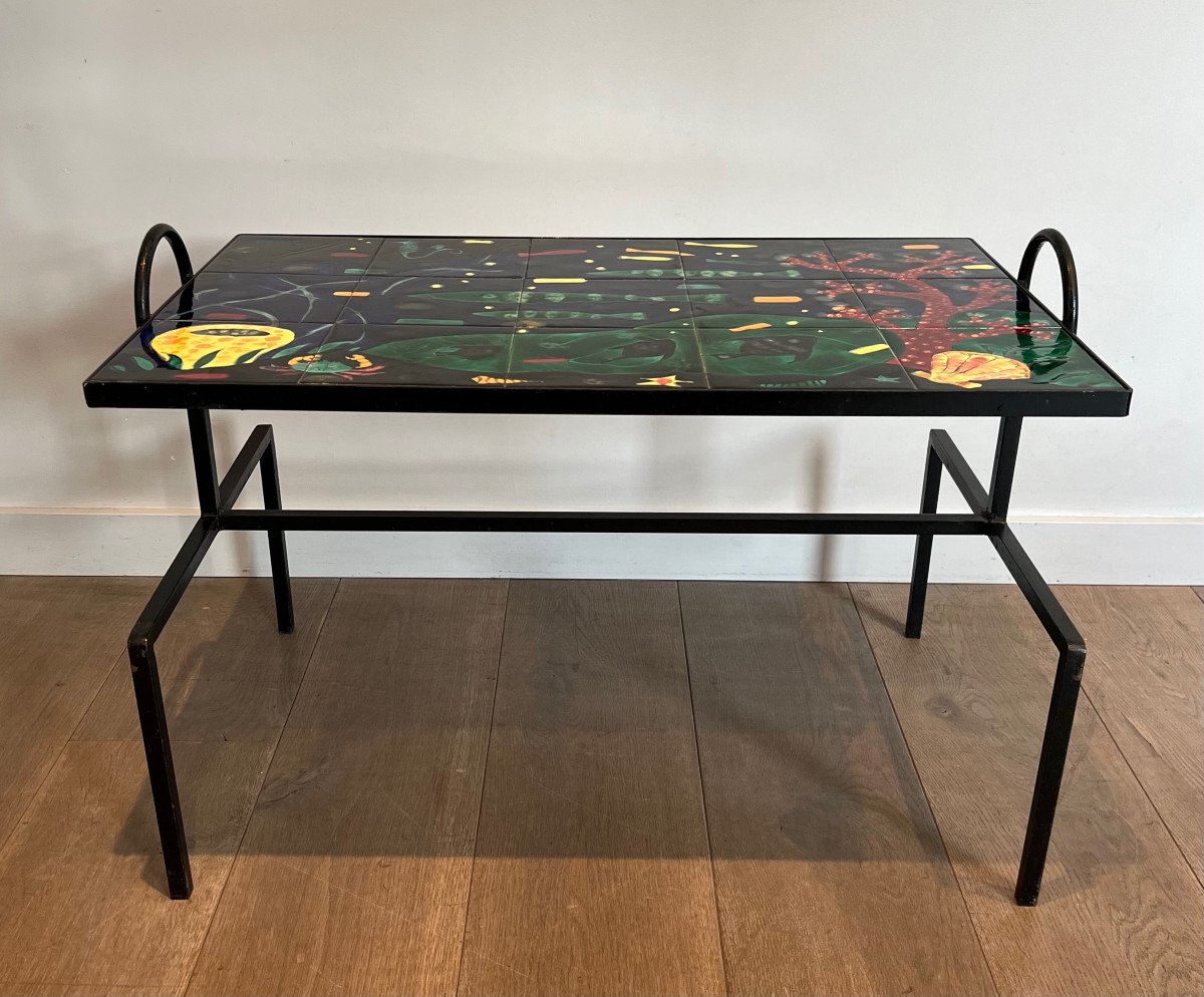 Black Lacquered Metal And Ceramic Coffee Table Decorated With Stylized Fish And Corals. French Work In The Style Of Jacques Adnet. Circa 1950-photo-2