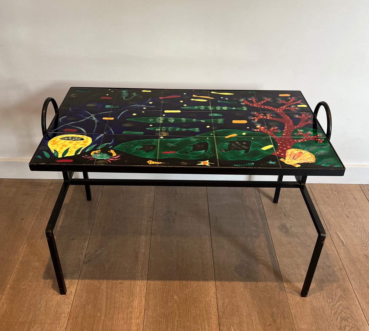Black Lacquered Metal And Ceramic Coffee Table Decorated With Stylized Fish And Corals. French Work In The Style Of Jacques Adnet. Circa 1950-photo-3
