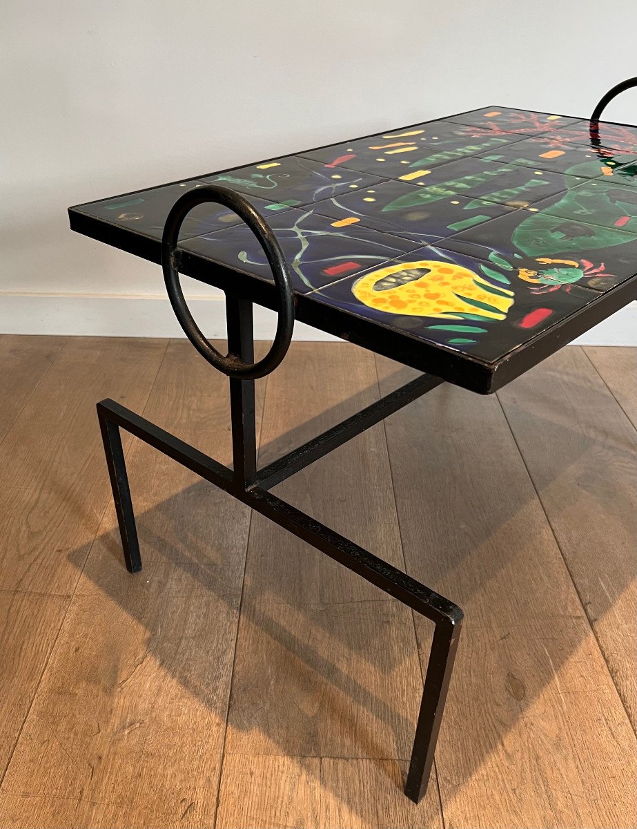 Black Lacquered Metal And Ceramic Coffee Table Decorated With Stylized Fish And Corals. French Work In The Style Of Jacques Adnet. Circa 1950-photo-2