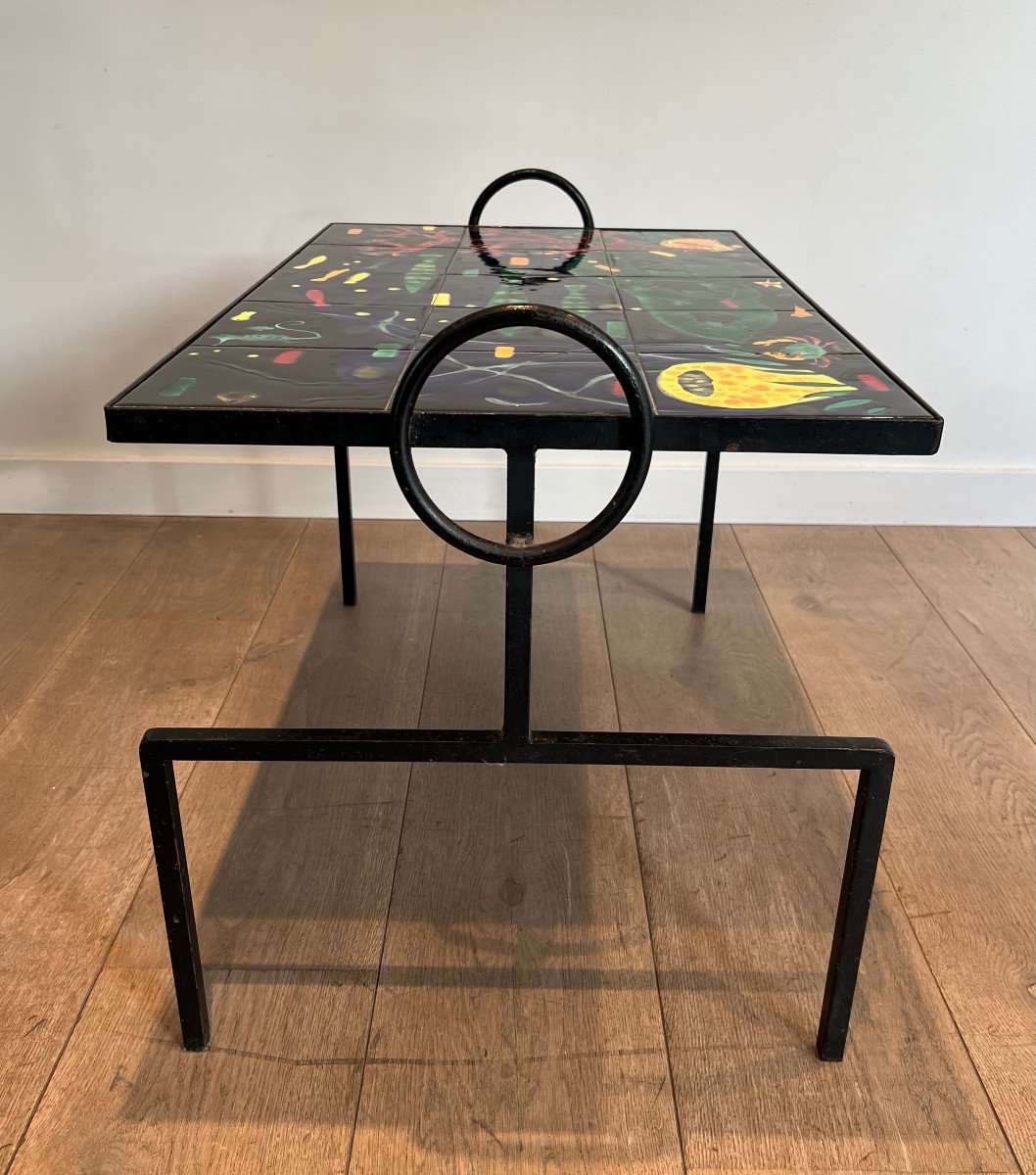 Black Lacquered Metal And Ceramic Coffee Table Decorated With Stylized Fish And Corals. French Work In The Style Of Jacques Adnet. Circa 1950-photo-3