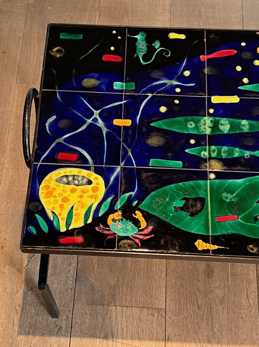 Black Lacquered Metal And Ceramic Coffee Table Decorated With Stylized Fish And Corals. French Work In The Style Of Jacques Adnet. Circa 1950-photo-5