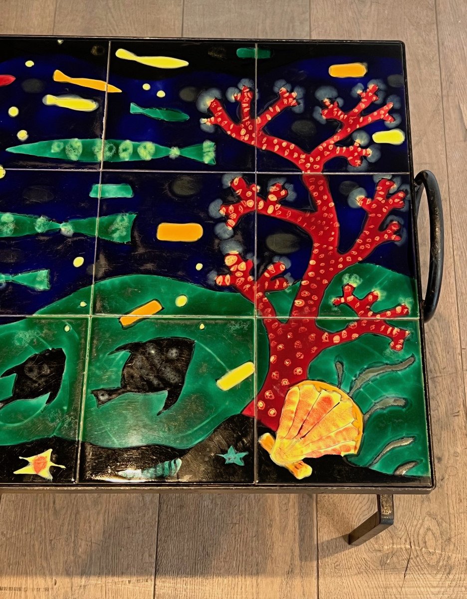 Black Lacquered Metal And Ceramic Coffee Table Decorated With Stylized Fish And Corals. French Work In The Style Of Jacques Adnet. Circa 1950-photo-7