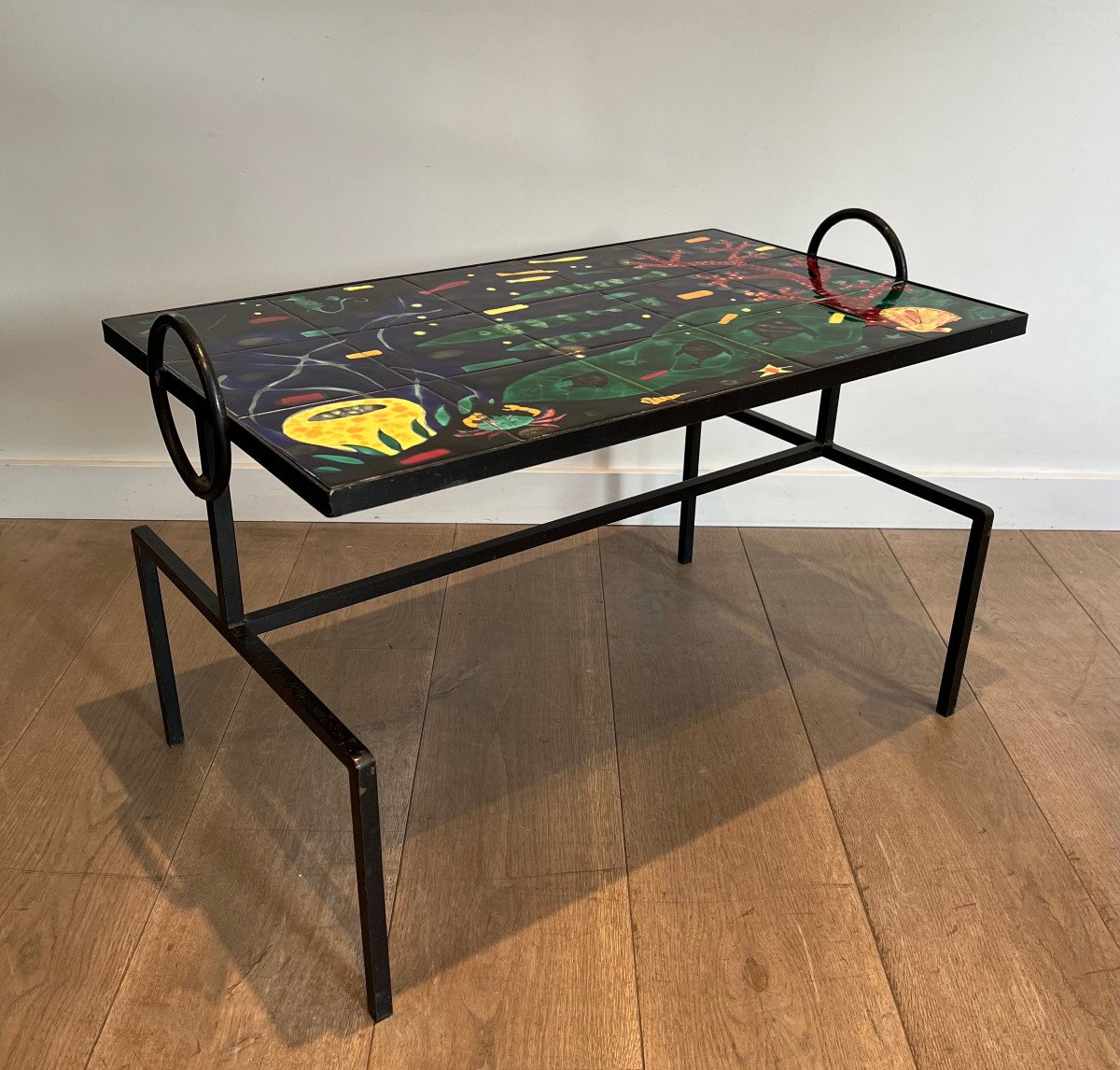 Black Lacquered Metal And Ceramic Coffee Table Decorated With Stylized Fish And Corals. French Work In The Style Of Jacques Adnet. Circa 1950-photo-8