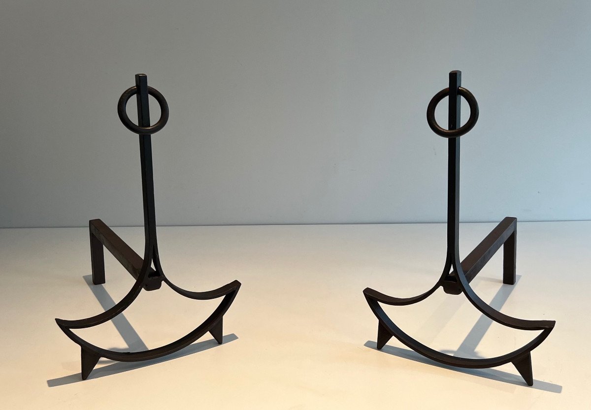 Pair Of Modernist Wrought Iron Andirons. French Work. Circa 1940-photo-2