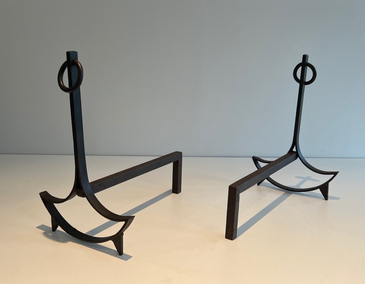 Pair Of Modernist Wrought Iron Andirons. French Work. Circa 1940-photo-3