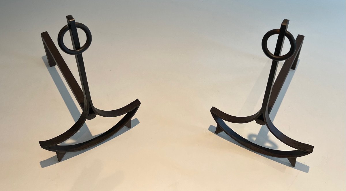 Pair Of Modernist Wrought Iron Andirons. French Work. Circa 1940-photo-4