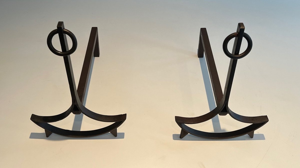 Pair Of Modernist Wrought Iron Andirons. French Work. Circa 1940-photo-5