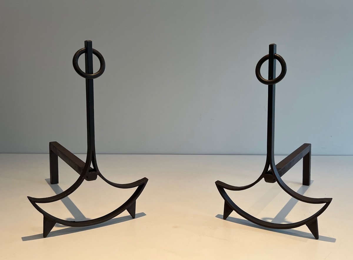 Pair Of Modernist Wrought Iron Andirons. French Work. Circa 1940-photo-6
