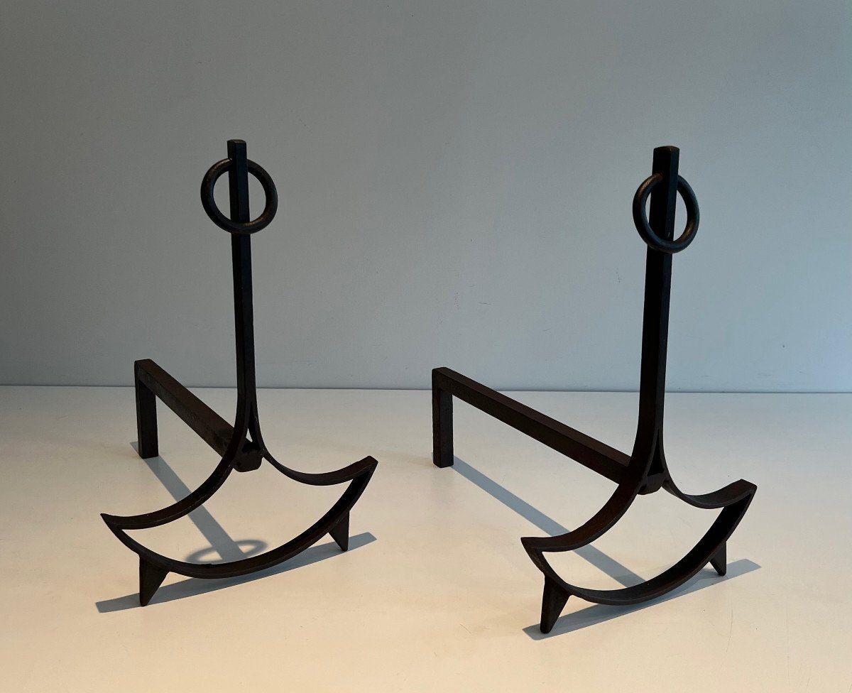 Pair Of Modernist Wrought Iron Andirons. French Work. Circa 1940-photo-7