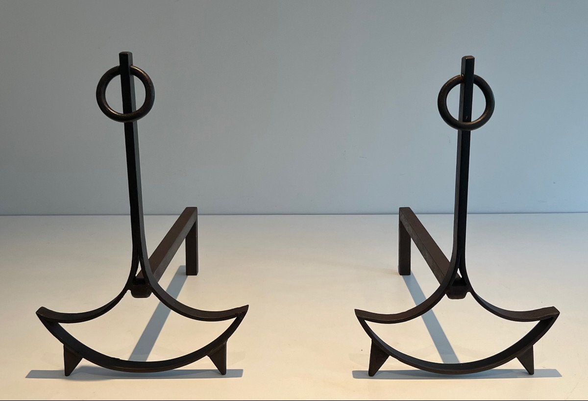 Pair Of Modernist Wrought Iron Andirons. French Work. Circa 1940-photo-8