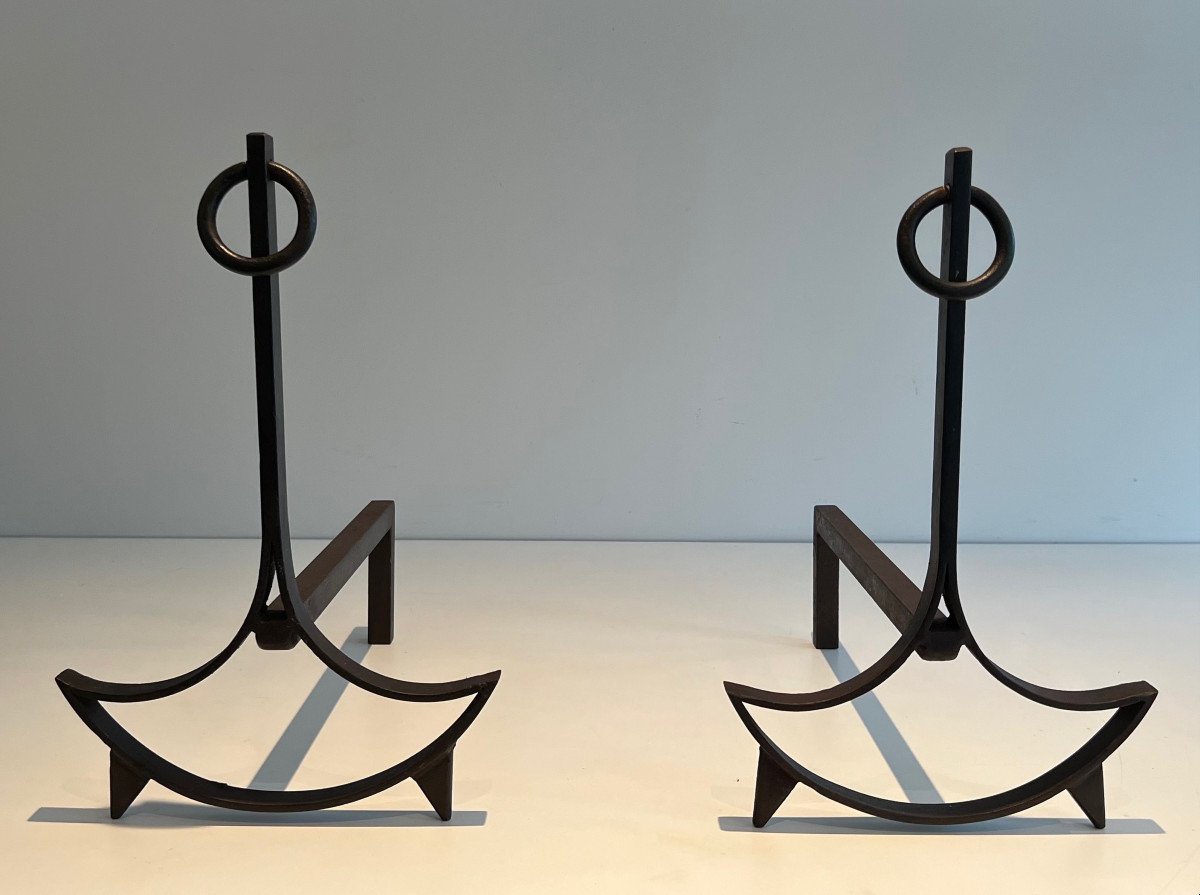 Pair Of Modernist Wrought Iron Andirons. French Work. Circa 1940