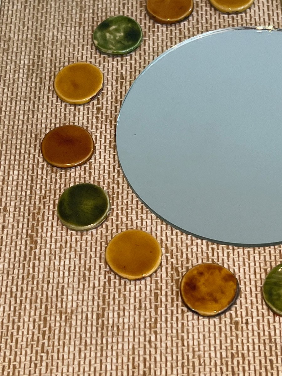 Small Square Mirror Made Of Raffia En Colored Ceramics Round Elements. French Work. Circa 1950-photo-1