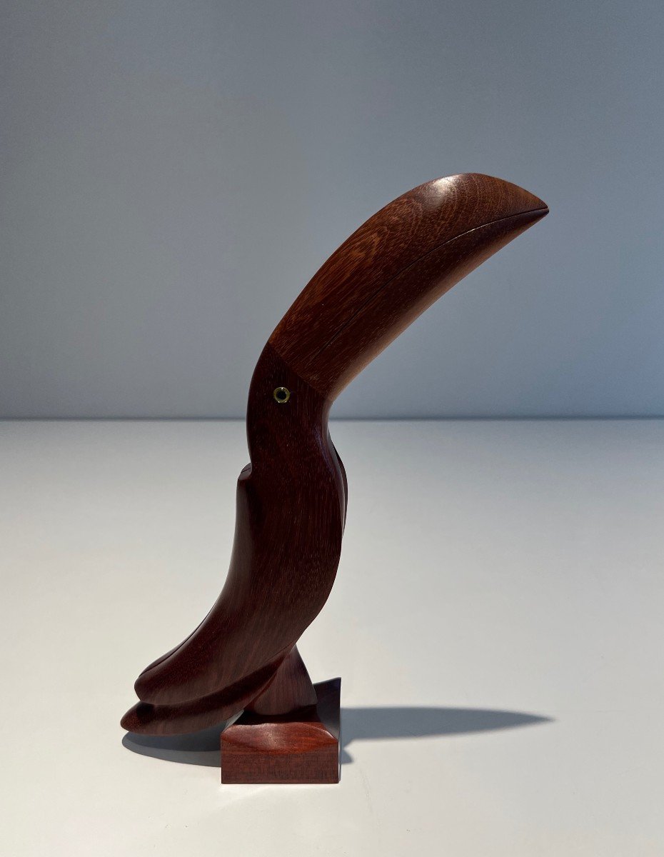 Toucan En Bois Exotique Et Yeux De Verre. Travail Français. Vers 1970-photo-2