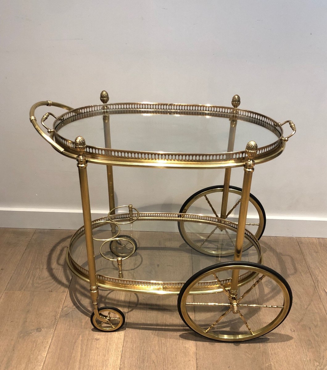 Neoclassical Style Oval Brass Drinks Trolley With Removable Trays. French Work By Maison Bagués-photo-2