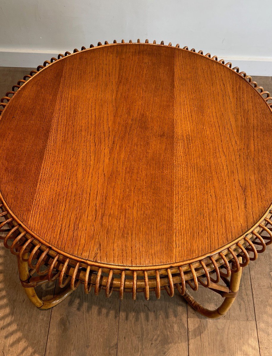 Table basse ronde en rotin à plateau de bois. Travail Italien de Franco Albini. Vers 1950-photo-2