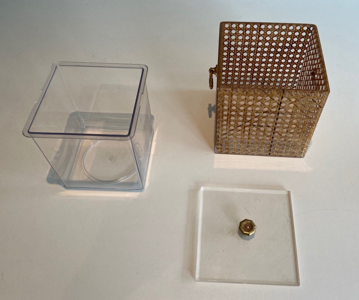 Lucite, Caned And Brass Ice Bucket. Italian Work Style Christian Dior And Gabriella Circa 1970-photo-3