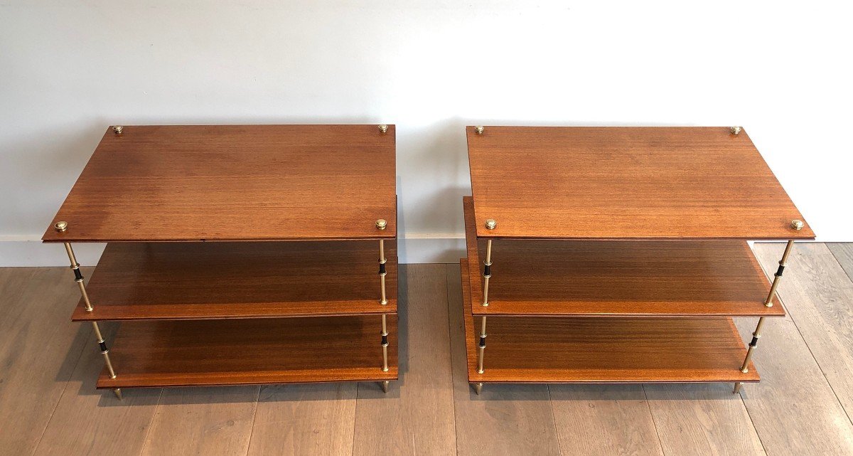 Pair Of Small Consoles Or Sofa Ends With Three Levels In Mahogany, Brass And Lacquered Brass-photo-4