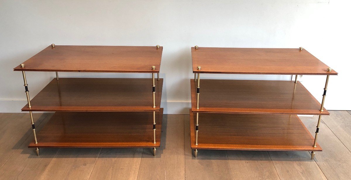Pair Of Small Consoles Or Sofa Ends With Three Levels In Mahogany, Brass And Lacquered Brass-photo-1