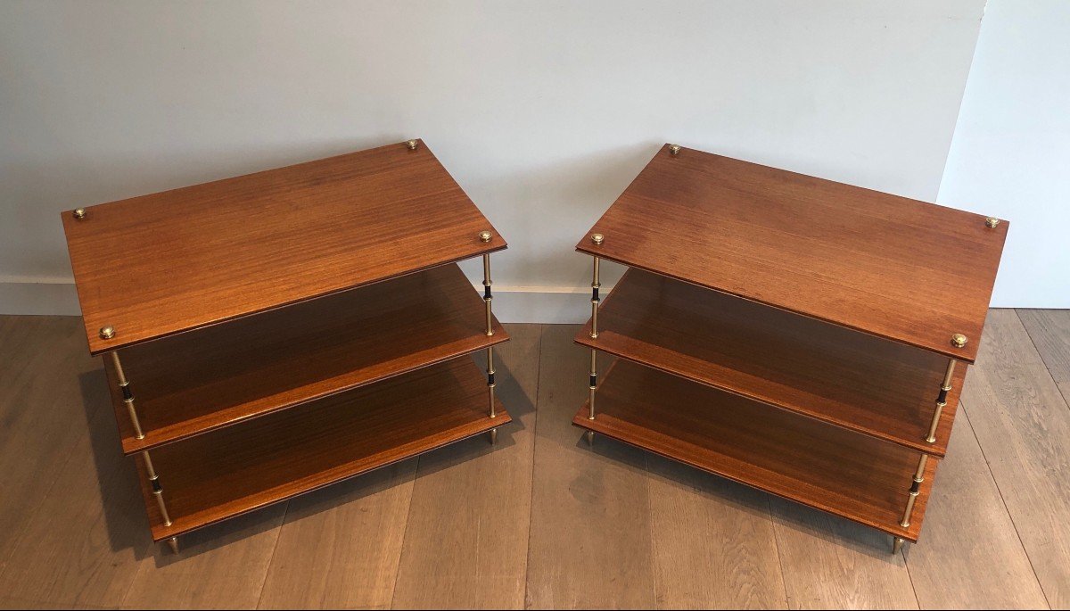 Pair Of Small Consoles Or Sofa Ends With Three Levels In Mahogany, Brass And Lacquered Brass-photo-5