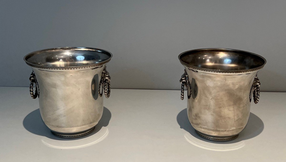 Pair Of Silver Metal Champagne Buckets With Handles Decorated With Lions' Heads.-photo-4