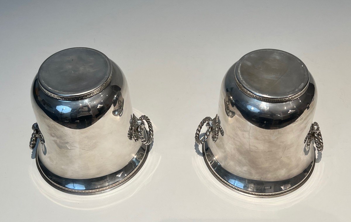 Pair Of Silver Metal Champagne Buckets With Handles Decorated With Lions' Heads.-photo-6