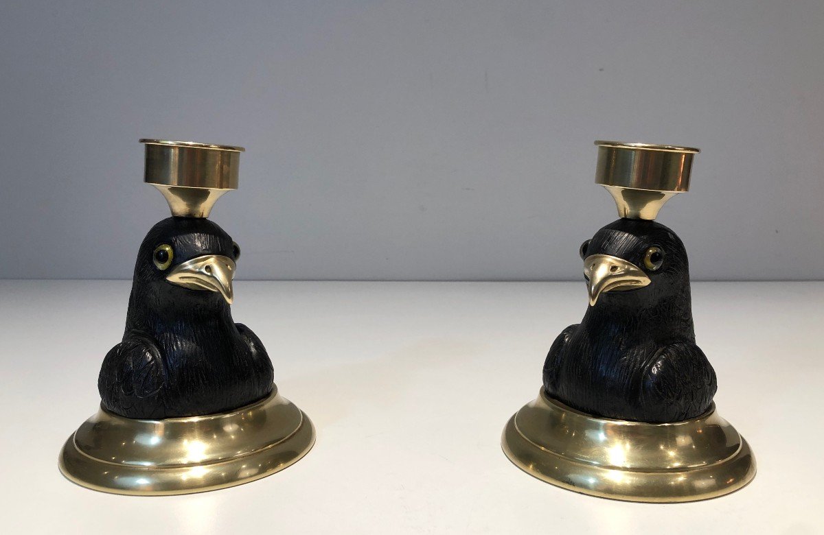 Pair Of Candlesticks Or Lamps Representing Eagles In Carved Wood, Brass Spouts-photo-5