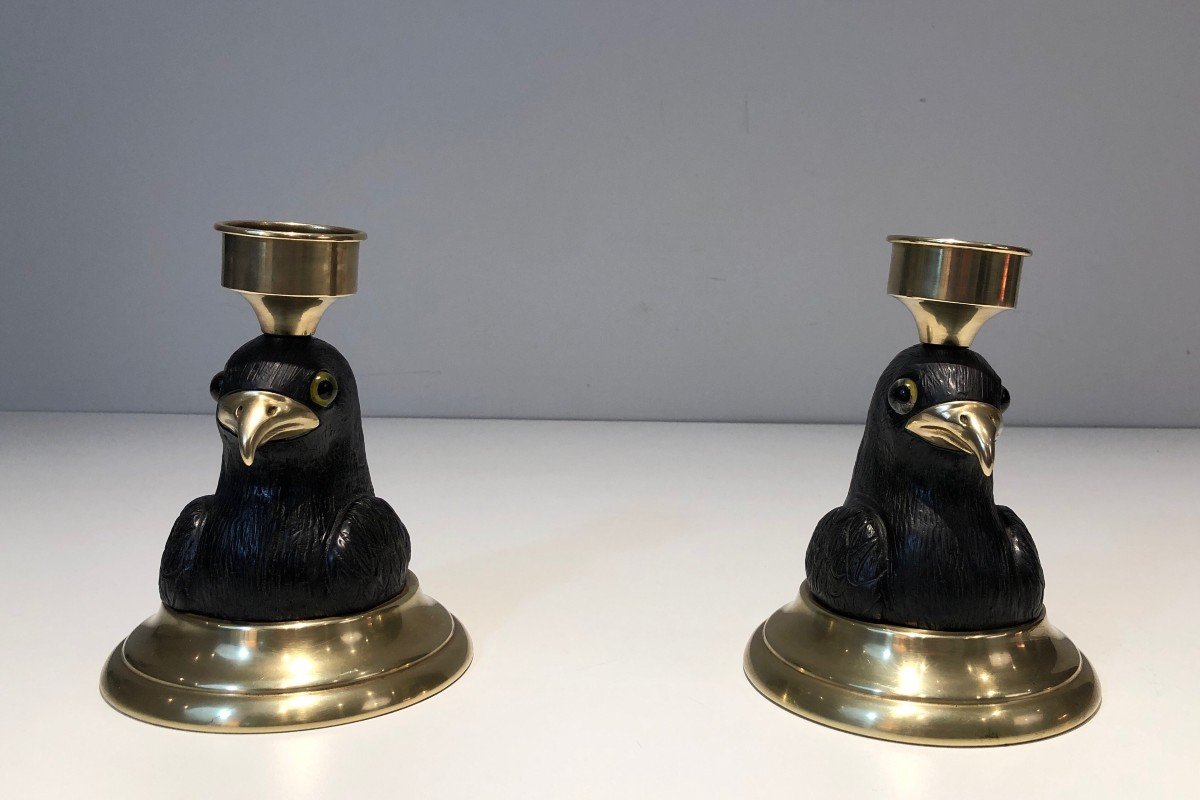 Pair Of Candlesticks Or Lamps Representing Eagles In Carved Wood, Brass Spouts-photo-6