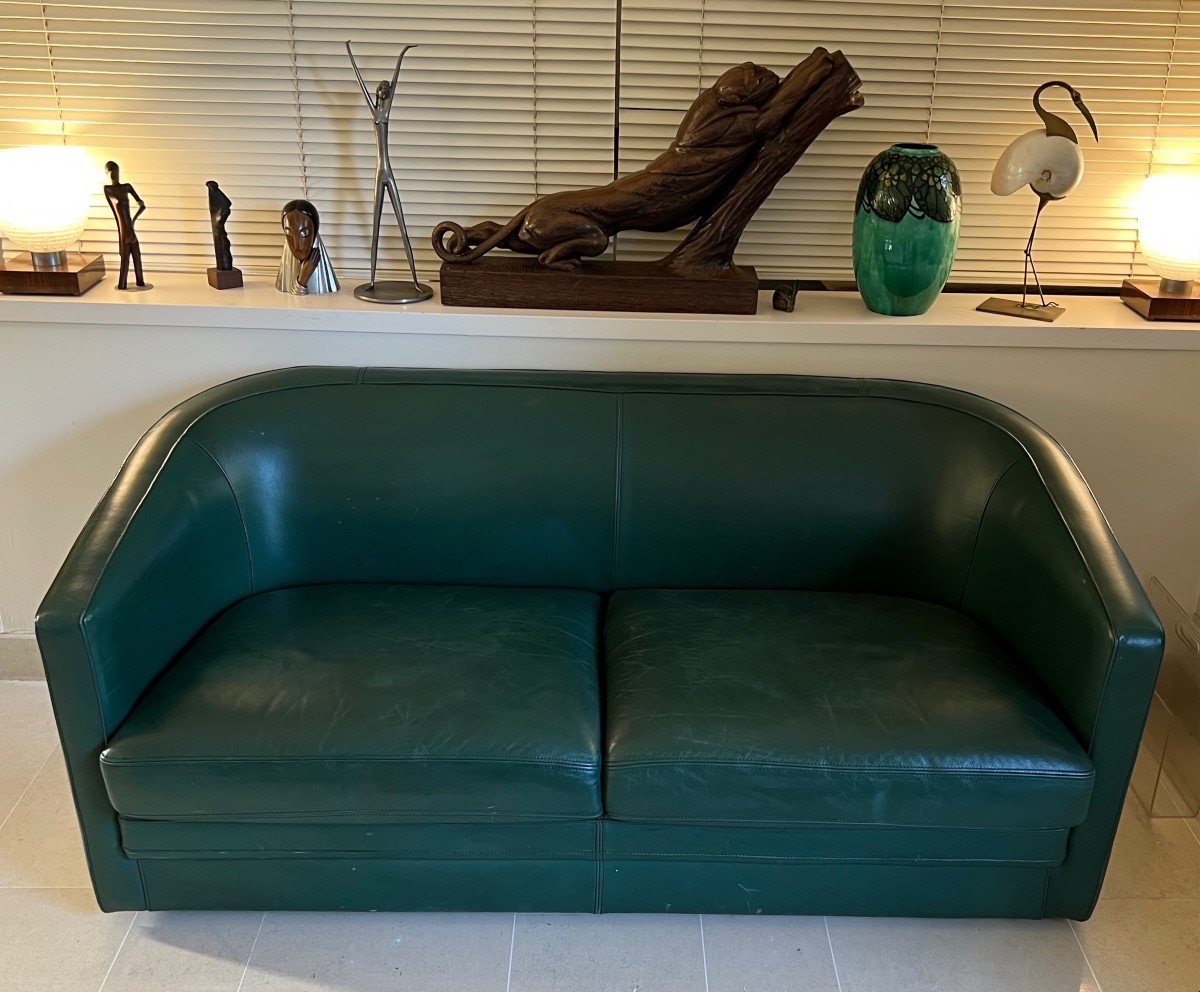 Art Deco Style Green Leather Three Seats Sofa. Circa 1980-photo-2