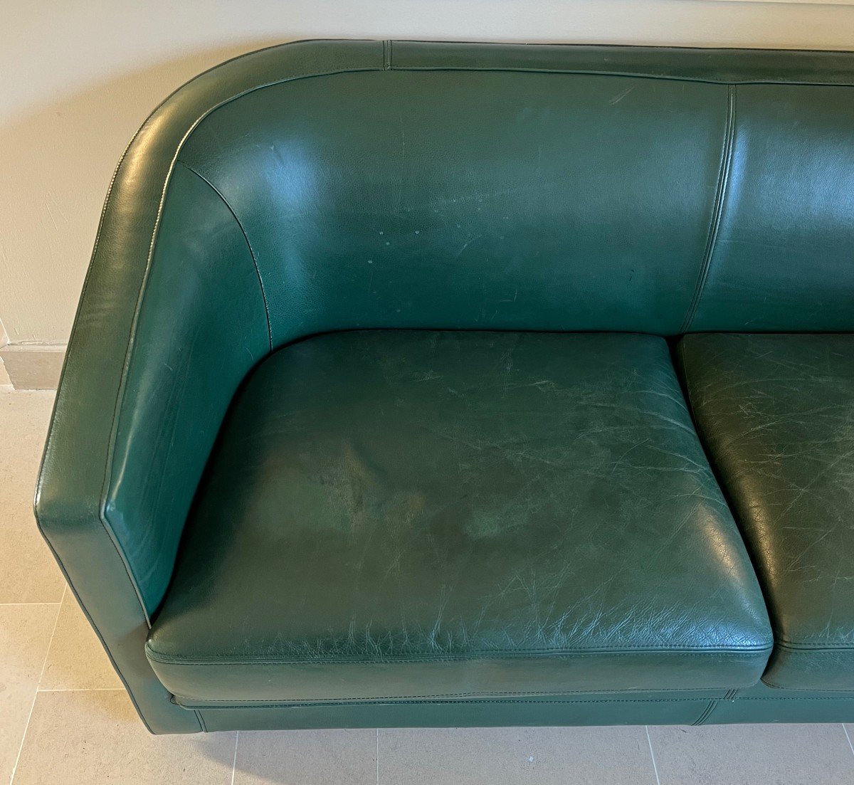 Art Deco Style Green Leather Three Seats Sofa. Circa 1980-photo-4