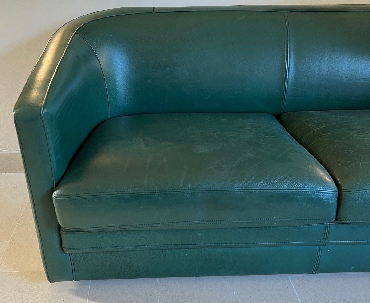 Art Deco Style Green Leather Three Seats Sofa. Circa 1980-photo-1