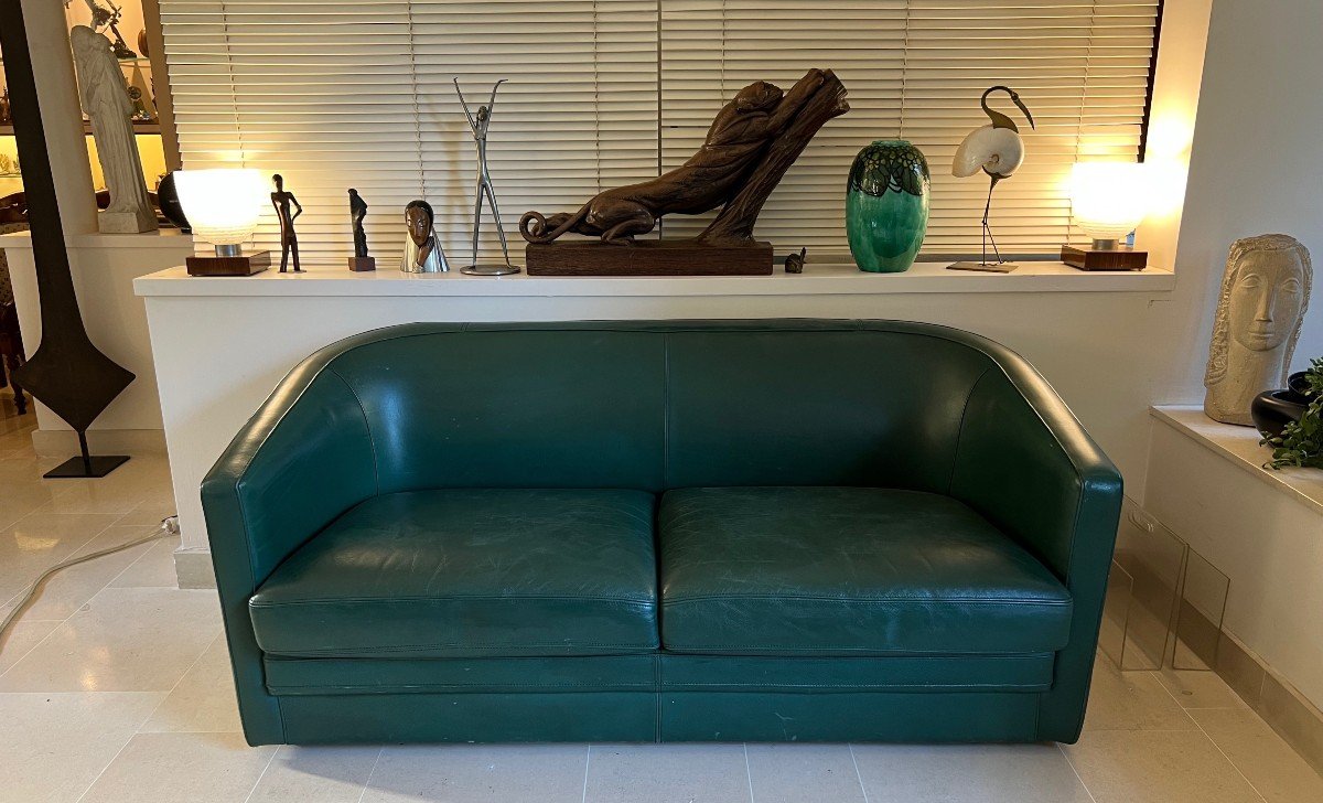 Art Deco Style Green Leather Three Seats Sofa. Circa 1980