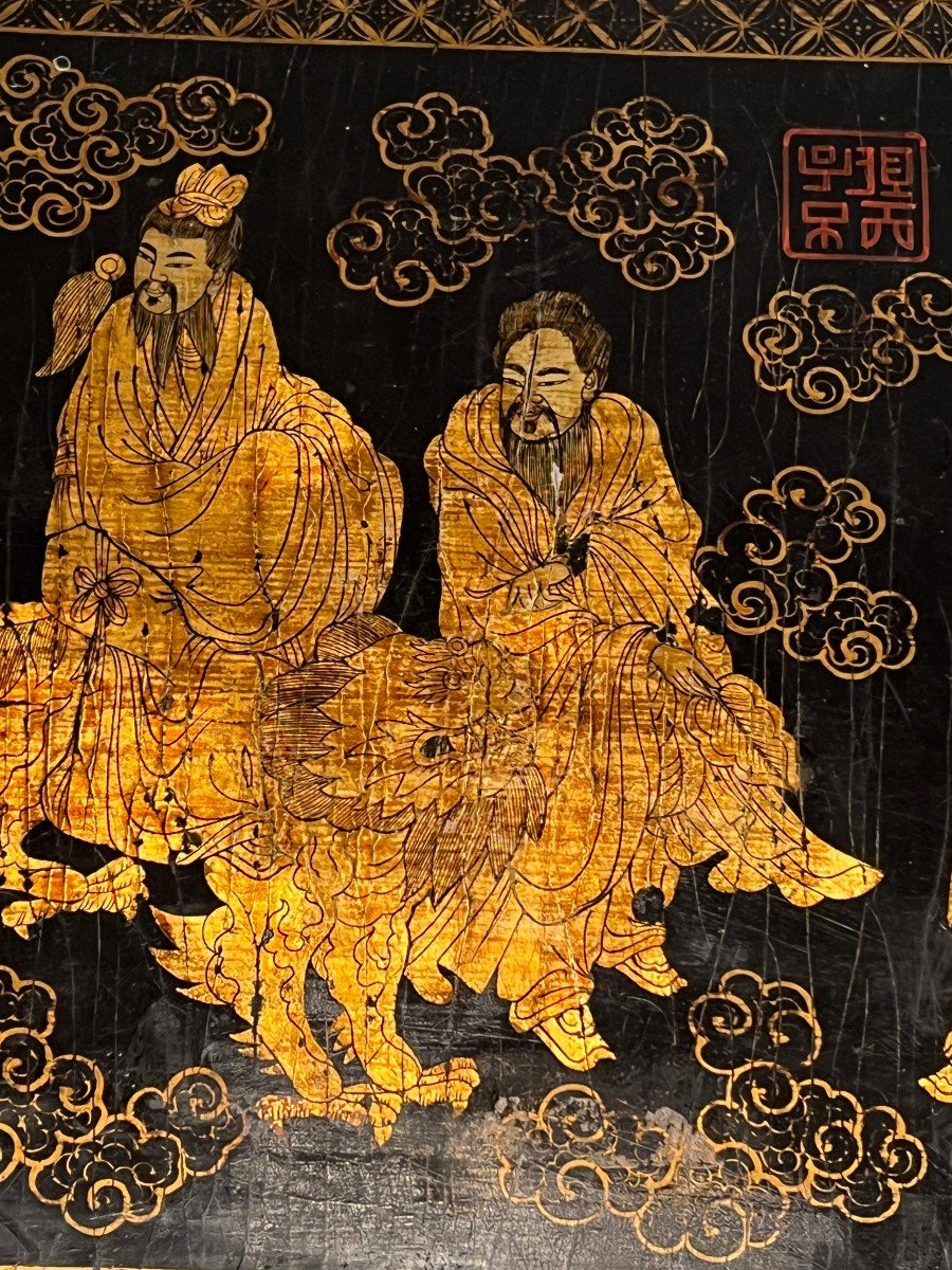 Lacquer And Gilding Painting On Wooden Panel Representing Chinese Characters,-photo-2