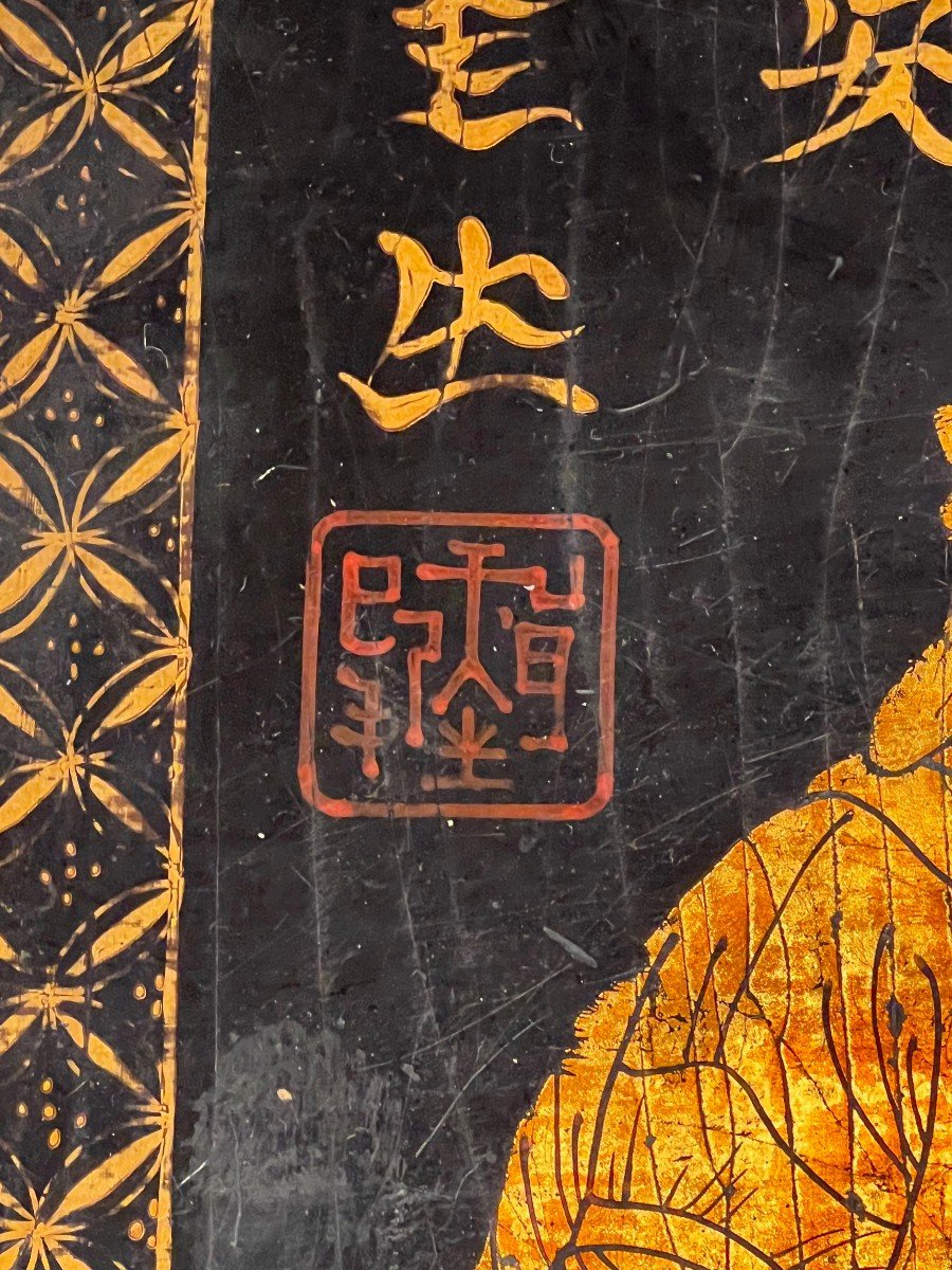 Lacquer And Gilding Painting On Wooden Panel Representing Chinese Characters,-photo-4