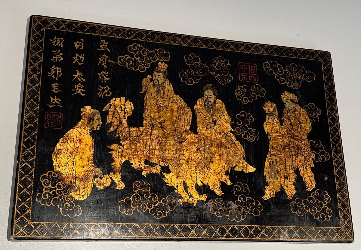 Lacquer And Gilding Painting On Wooden Panel Representing Chinese Characters,-photo-2