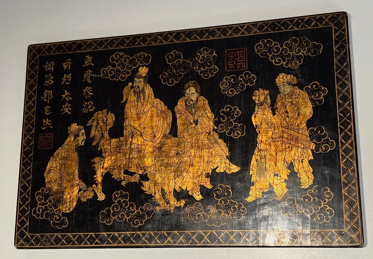 Lacquer And Gilding Painting On Wooden Panel Representing Chinese Characters,-photo-3