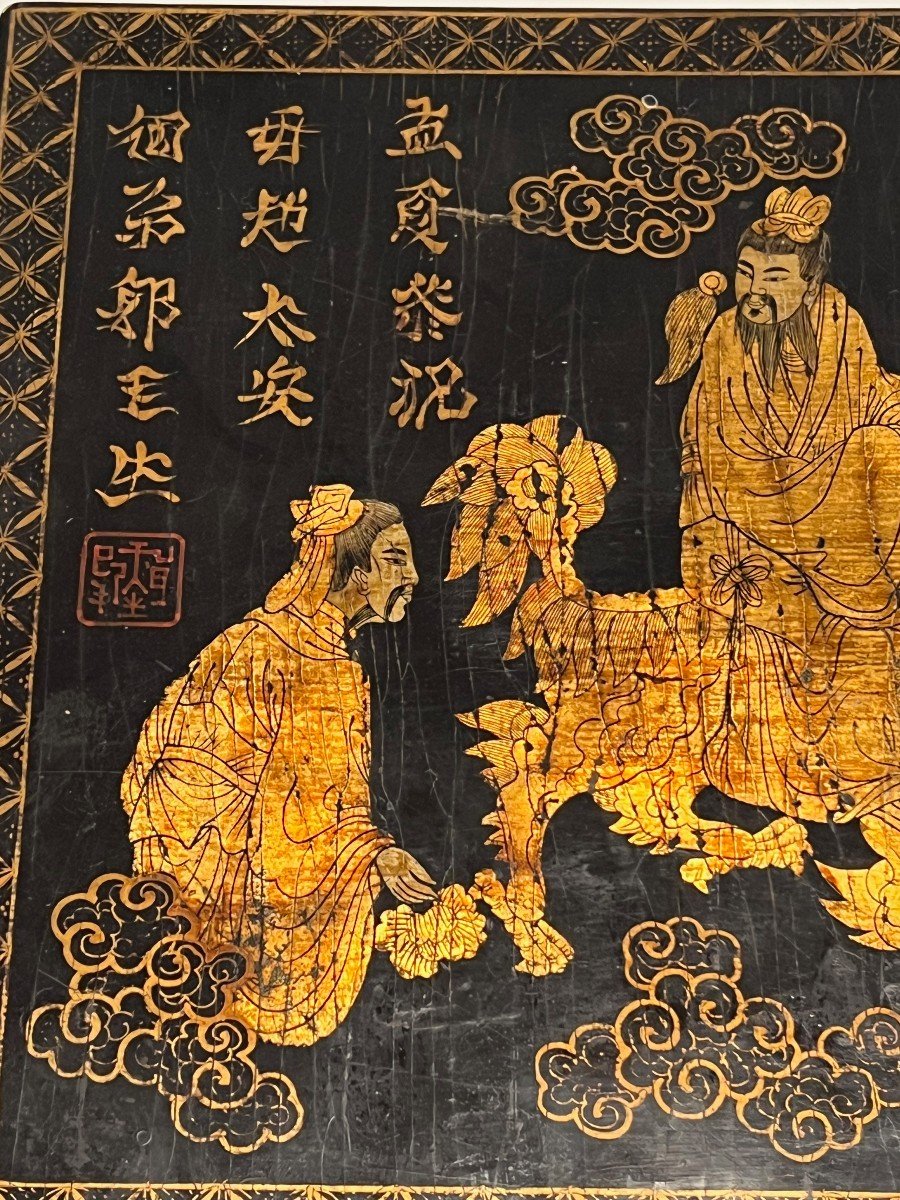 Lacquer And Gilding Painting On Wooden Panel Representing Chinese Characters,-photo-5