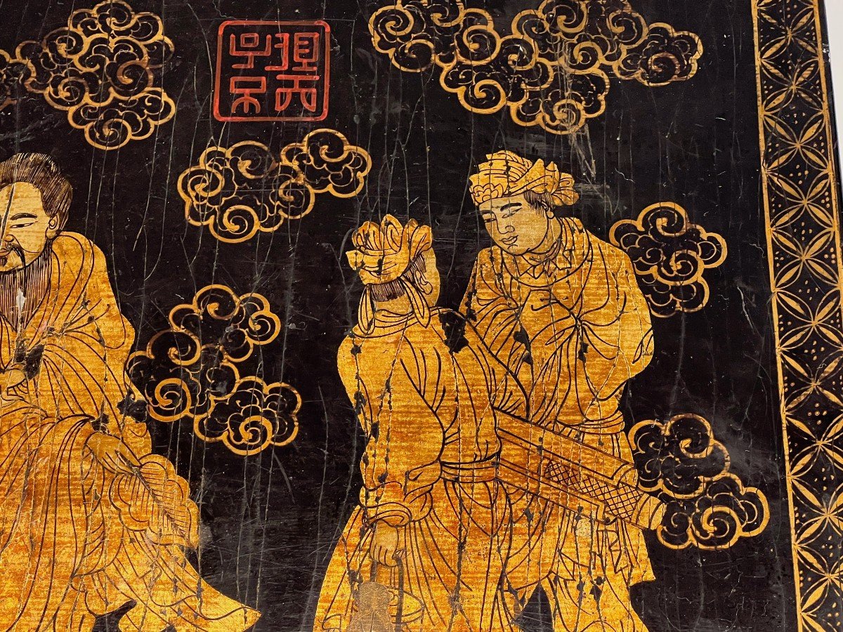 Lacquer And Gilding Painting On Wooden Panel Representing Chinese Characters,-photo-7