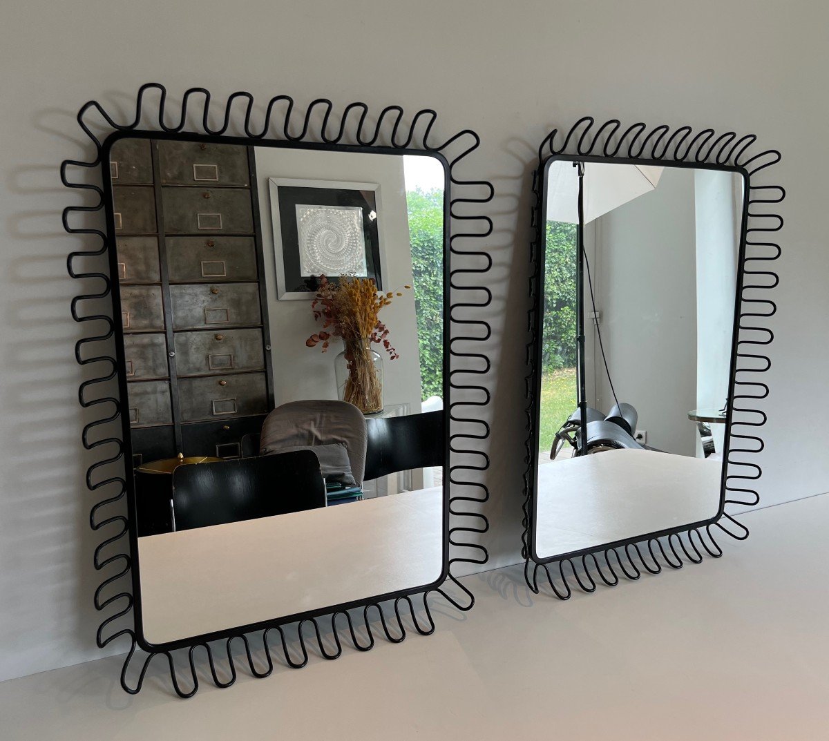 Pair Of Mirrors In Black Lacquered Metal. French Work In The Taste Of Jean Royère. Around 1980-photo-3