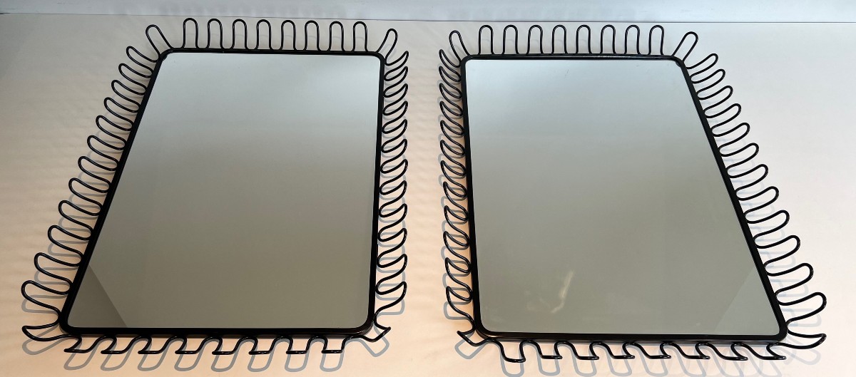 Pair Of Mirrors In Black Lacquered Metal. French Work In The Taste Of Jean Royère. Around 1980