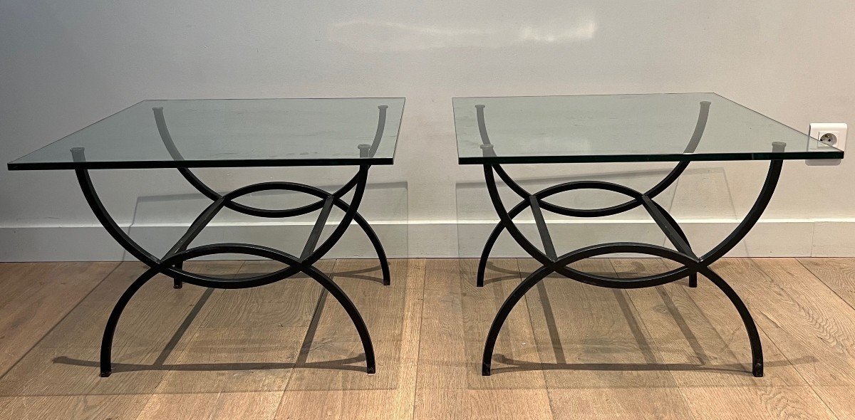 Pair Of Black Lacquered Side Tables With Thick Glass Tops. French Work. Circa 1950-photo-2