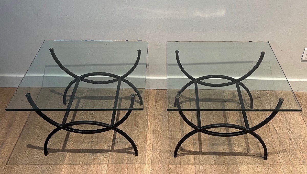 Pair Of Black Lacquered Side Tables With Thick Glass Tops. French Work. Circa 1950-photo-3