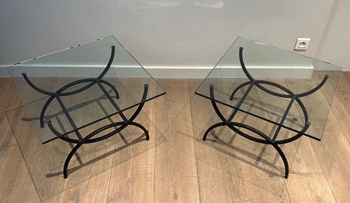 Pair Of Black Lacquered Side Tables With Thick Glass Tops. French Work. Circa 1950-photo-4